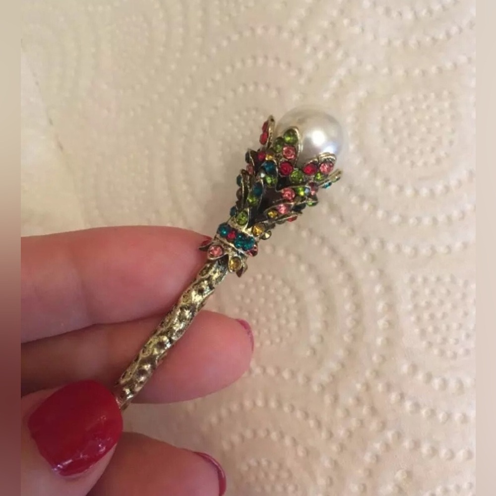 Elegant Gold Hair Stick with Pearl and Multicolor Accents Hairpin Bride Jewelry - Picture 4 of 6